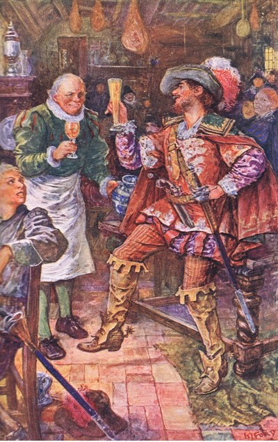Michael Lambourne drinks with the landlord of the Black Bear, illustration from Kenilworth by Henry Justice Ford