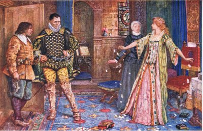 The Countess of Leicester tears up her husbands letter in the presence of Varney and Foster, illustration from Kenilworth by Henry Justice Ford