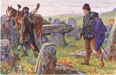 Tresilian confronts the mysterious farrier, illustration from Kenilworth by Henry Justice Ford