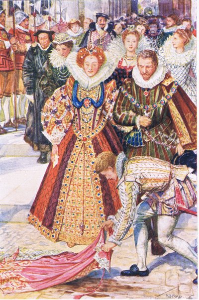 Walter Raleigh sacrifices his cloak for Queen Elizabeth, illustration from Kenilworth by Henry Justice Ford