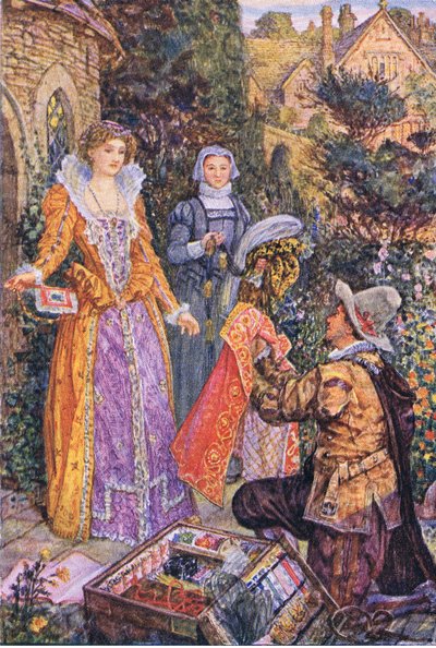 Wayland plays the part of a pedlar in the garden, illustration from Kenilworth by Henry Justice Ford