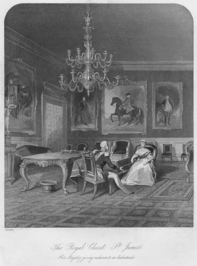 The Royal Closet. - St. Jamess. Her Majesty giving audience to an Ambassador by Henry Melville