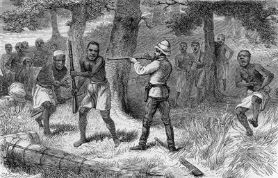 Natives rebelling along banks of Gombe river, Tanzania (engraving) by Henry Morton Stanley
