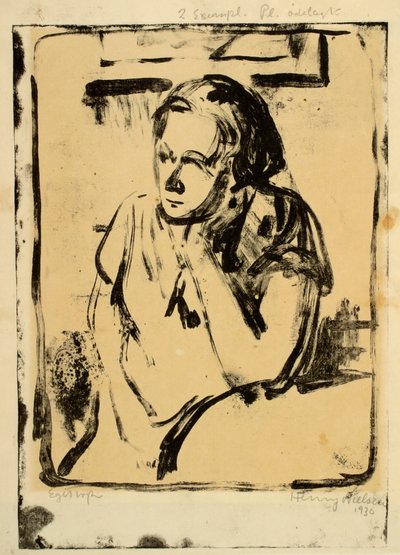 Woman Sitting at Round Table with Hand Under Chin by Henry Nielsen