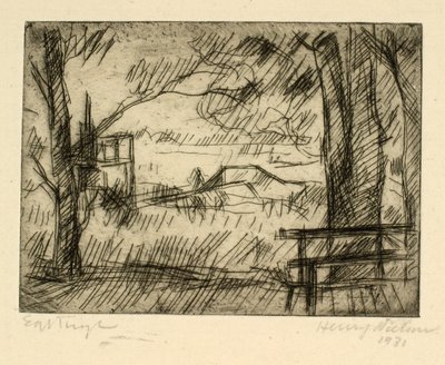 View Over Water from a Shaded Path with a Bench by Henry Nielsen