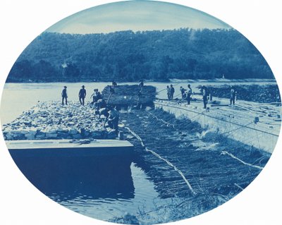 Construction of Rock and Brush Dam, Low Water, 1891 by Henry Peter Bosse