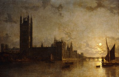 Westminster Abbey, The Houses of Parliament with the Construction of Westminster Bridge by Henry Pether