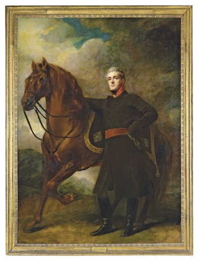 Portrait of Alexander Douglas-Hamilton, 10th Duke of Hamilton and 7th Duke of Brandon, Full-Length, in Uniform, with His Arabian Charger, in a Landscape by Henry Raeburn
