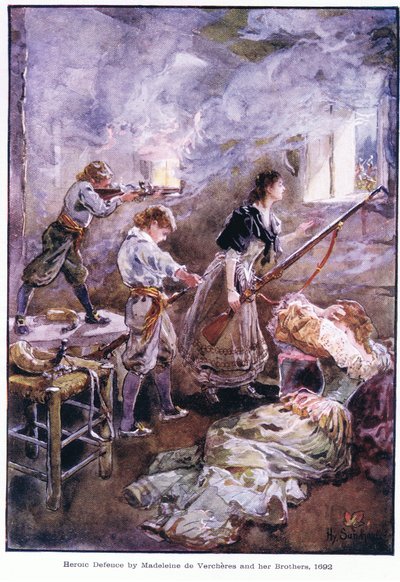 Heroic defence by Madeleine de Vercheres and her brothers 1692, c.1920 by Henry Sandham