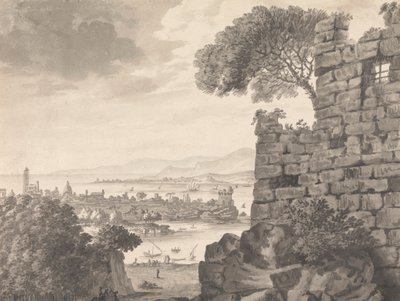 Landscape with Ruins in the Foreground, Harbor and Village, in Background by Henry Swinburne