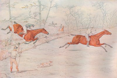 A Steeplechase: Covering a strong bullock fence. Down for a hundred!, 1927 by Henry Thomas Alken