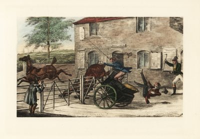 English Gentlemen in a Two-Horse Gig Trying to Jump a Toll Gate by Henry Thomas Alken