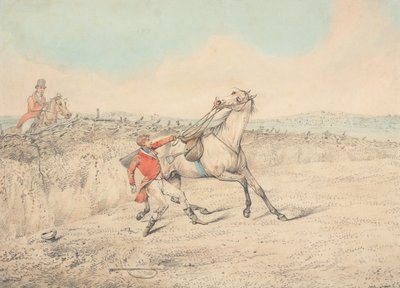 Rider Holding on to a Gray Horse After a Fall by Henry Thomas Alken