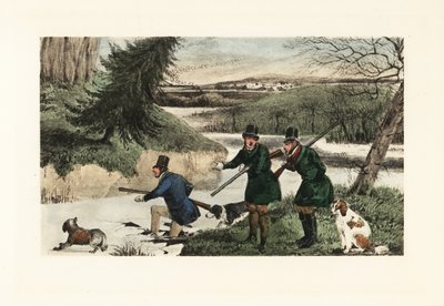 Victorian Gentlemen Hunting Ducks with Guns and Dogs on a Frozen Lake by Henry Thomas Alken