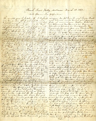 Letter signed Henry [Henry Voelkner], Brush Creek Valley, Arkansas, to his parents, brothers, and sisters, March 18, 1862 by Henry Voelkner