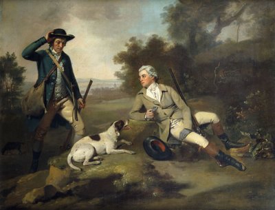 A Gentleman Reclining with a Gun and Dog and his Gamekeeper Standing Nearby by Henry Walton