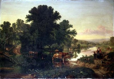 Wooded River Landscape with Cattle Watering by Henry William Banks Davis