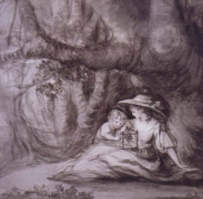 Seated Woman and Child with a caged bird by Henry William Bunbury