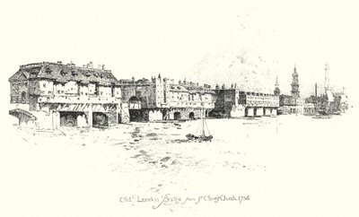 Old London Bridge, from St Olave’s Church by Herbert (after) Railton
