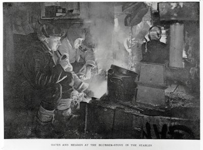 Oates & Meares at the Blubber Stove in the Stables by Herbert Ponting