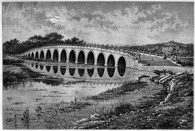 Bridge with 17 arches on Lake Kunming at the Ete Palace near Peking in the 19th century. Engraving after a drawing by Catenacci, after a photograph by Thomson, in Le Tour du Monde, Nouveau journal des Voyages by Hercule (after) Catenacci