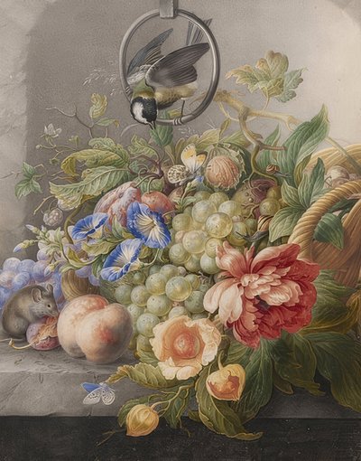 Flower Still Life, Fruits, a Great Tit, and a Mouse. Around 1700-10 by Herman Henstenburgh