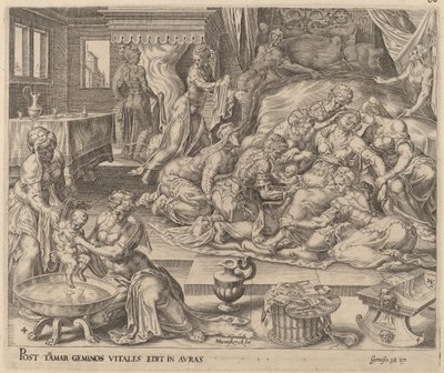 Birth of Pharez and Zara by Herman Jansz Muller after Maerten van Heemskerck