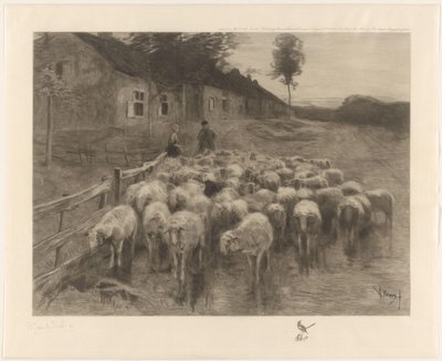 Shepherd and a Woman with a Flock of Sheep by Herman Johannes van der Weele (signed by artist)