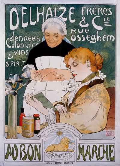 Lady and maid, poster for company Delhaize Freres et Cie au bon marche by Herman Richir