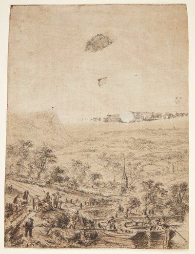 Panoramic Landscape with Peasants, Fishermen, and a Village Church by Herman Saftleven