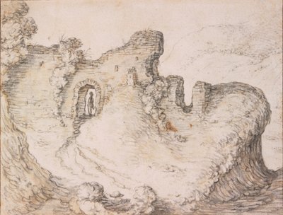 Rocky landscape with ruins, forming the profile of a man