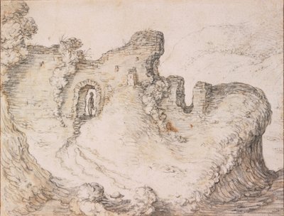 Rocky landscape with ruins, forming the profile of a man