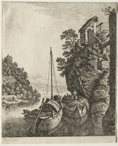Two Boats moored under a rock, 1667 by Herman Saftleven