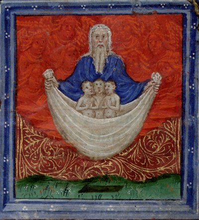 God the Father with three souls, being raised from the dead Book of Hours, c.1410 by Herman Scheerre
