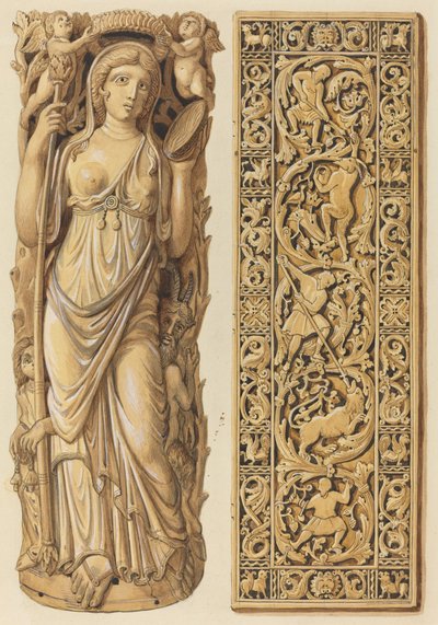 Renderings of an Ivory Carving of Ariadne from the 6th Century and an Ivory Plaque from the 9th Century by Herman Wilhelm Soltau
