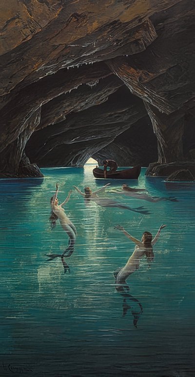 A Fisherman and Mermaids in the Blue Grotto on Capri by Hermann David Salomon Corrodi