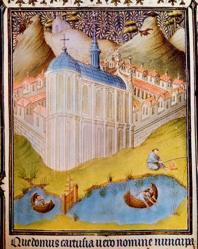 Carthusian monks netting and hooking fish in fishponds at Chartreuse, France, 15th century by Hermann Limbourg