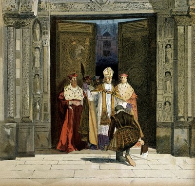 Abjuration of Henry IV in the abbey of Saint Denis in the presence of the arch of Bourges, Renaud de Beaune. The king abjure Protestantism on 25 July 1593. Illustration by Hermann Vogel in Henri IV by Hermann Vogel