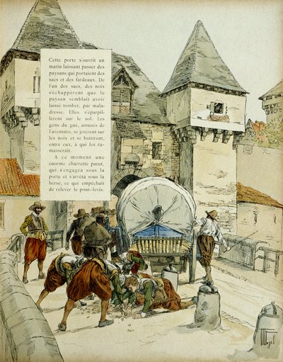 Amiens surprise. The Spaniards used a trick to take the city of Amiens, 11 March 1597 by blocking the harrow with a cart. Illustration, 1907, by Hermann Vogel by Hermann Vogel