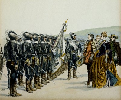Joan of Albret and her son Henry IV before her Protestant troops by Hermann Vogel