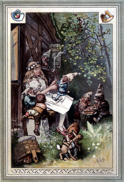 Kinder und Hausmärchen (Tales of Childhood and the Home) (1812): the fables of the Brothers Grimm. Cover by Hermann Vogel 1894 representing Snow White and the Seven Dwarfs. by Hermann Vogel