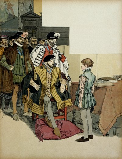 The King of France Henri II surrounded by his gentlemen likes to question Henry IV as a child for his repartees. Illustration by Hermann Vogel in 