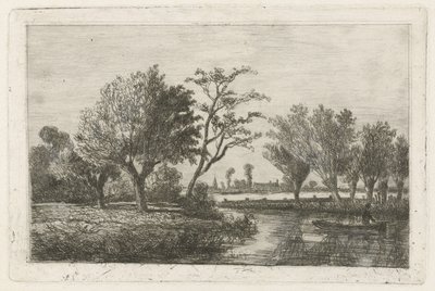 River with an angler in a boat by Hermanus Jan Hendrik van Rijkelijkhuysen