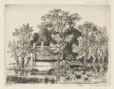 River View with a Boat and Ducks by Hermanus Jan Hendrik van Rijkelijkhuysen