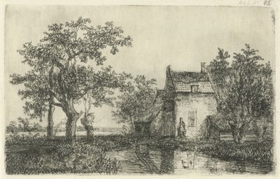 Woman with a Basket in Front of a Farmhouse by the Water by Hermanus Jan Hendrik van Rijkelijkhuysen