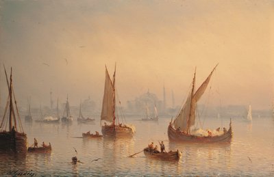Vessels on the Bosphorus, Hagia Sophia Mosque beyond by Herminie or Henriette (fl.1849 53) Gudin