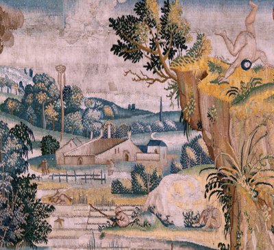 Flemish tapestry. Series Four tapestries after Hieronymus Bosch. Saint Anthony in prayer. Second tapestry in the series. Model Inspired by the work of Hieronymus Bosch. Manufacture Unknown workshop, Brussels. Before 1560 by Hieronymus (after) Bosch