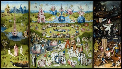 The Garden of Earthly Delights (left panel: Creation of Adam and Eve, central panel: lovers enjoying fruits, right panel: Hell) by Hieronymus Bosch