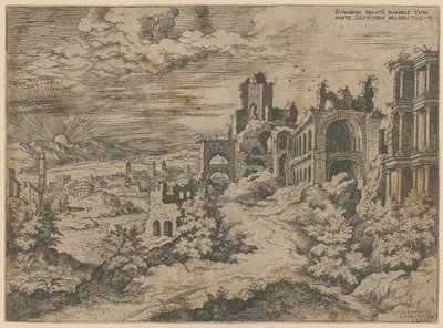 Palatine Ruins with Landscape Panorama, Plate 3 from the Series "Praecipua aliquot Romanae Antiquitatis Ruinarum Monimenta [...]" by Hieronymus Cock