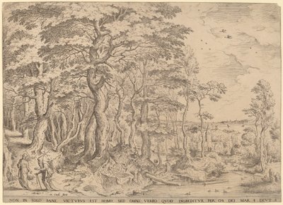 Landscape with the Temptation of Christ by Hieronymus Cock after Pieter Bruegel the Elder